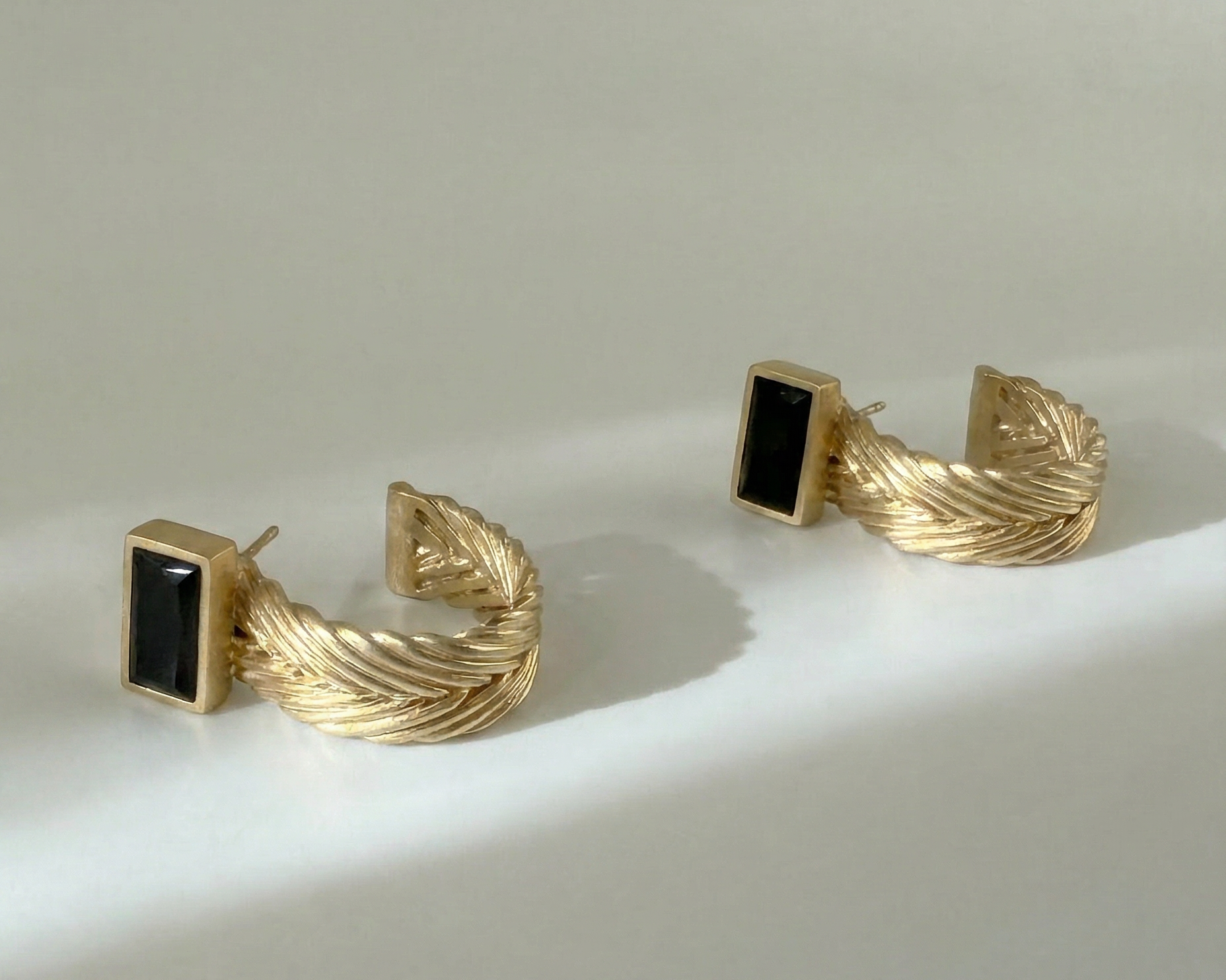 Bobbie Woven Hoop Jacket and Spinel Post Set in gold vermeil with handwoven texture and black spinel studs by Kefi