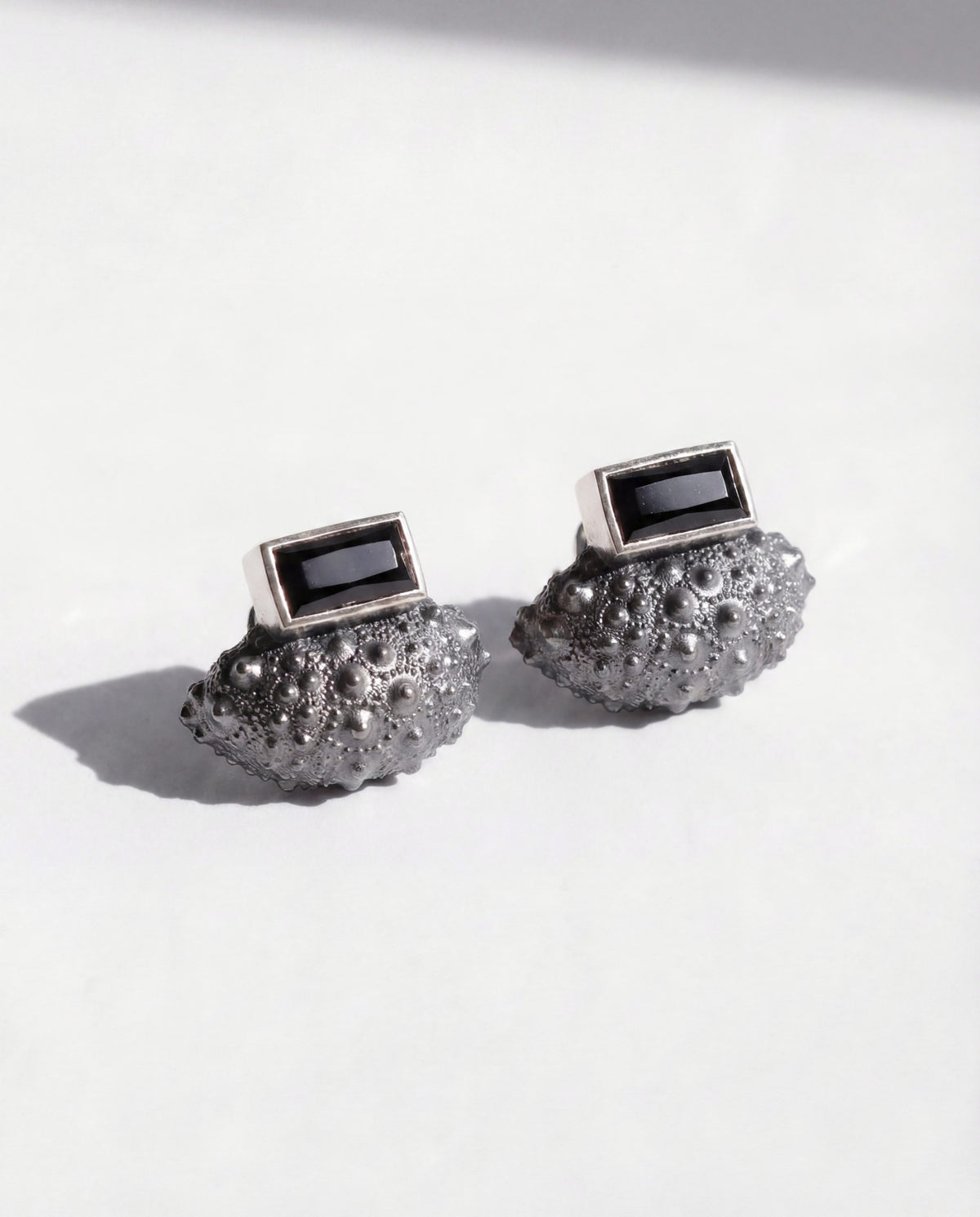 Ceto Urchin Earring Jacket in oxidized sterling silver with a sterling silver black spinel post