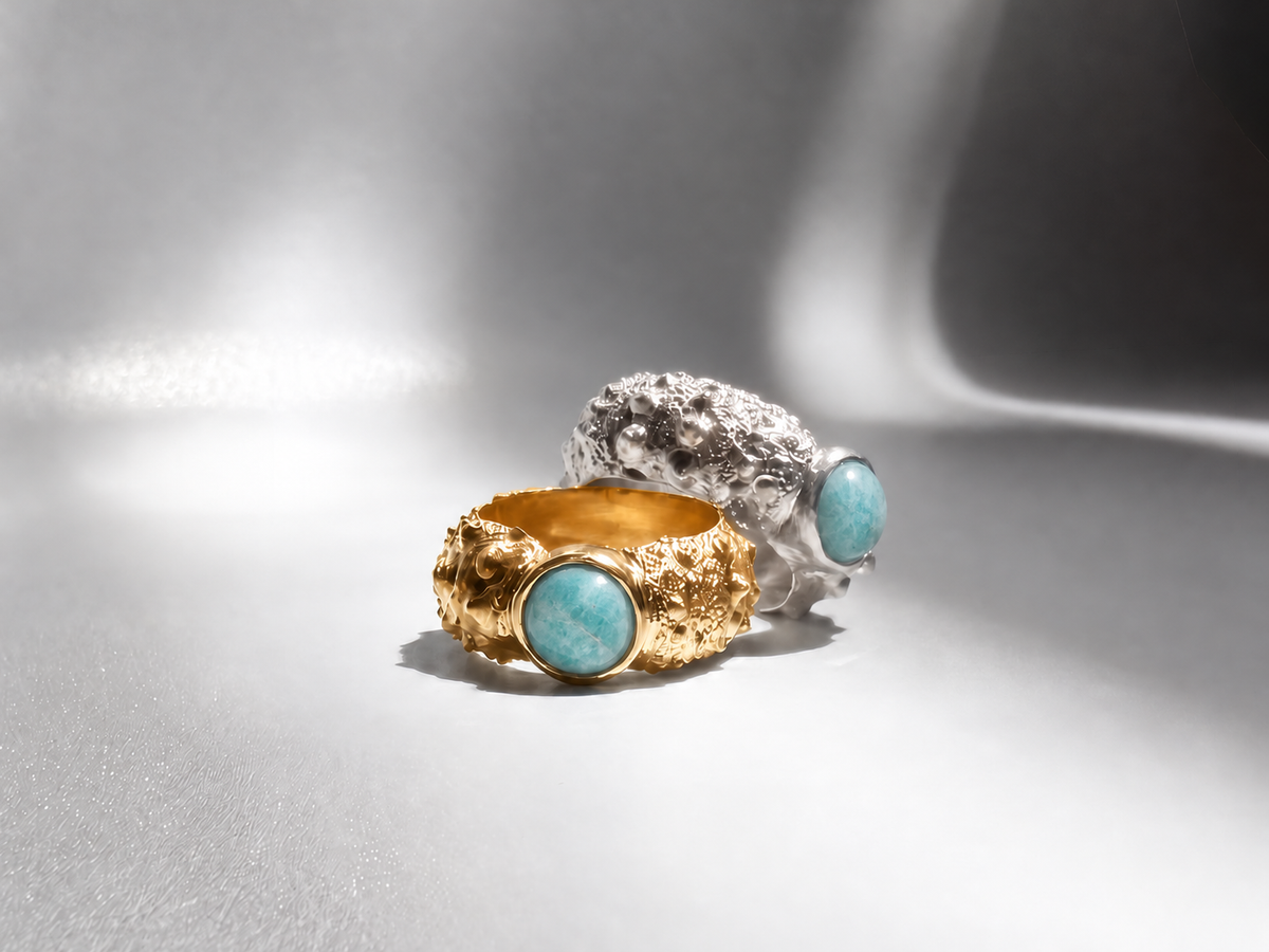 Galene Urchin Stone Rings in gold vermeil and sterling silver, each with a bezel-set amazonite stone, cast from a sea urchin shell and handcrafted in New York City.