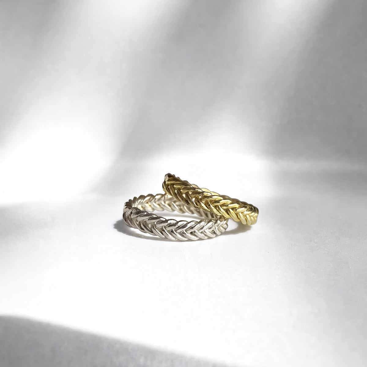 Two Hygeia Woven Rings in gold vermeil and sterling silver, narrow woven rings for men or women, handwoven from five strands