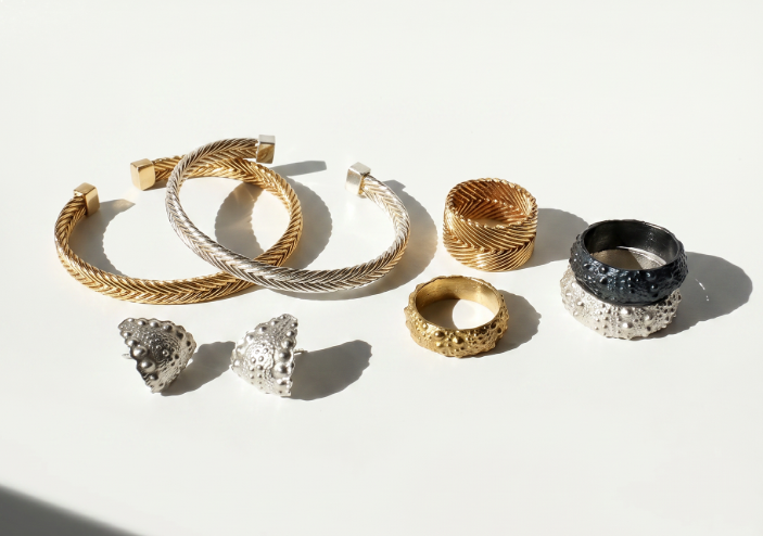 Curated selection of Kefi Jewelry from the Urchin and Heritage Collections, showcasing handcrafted jewelry inspired by sea urchins, family heirlooms, and the beauty of everyday adornment.
