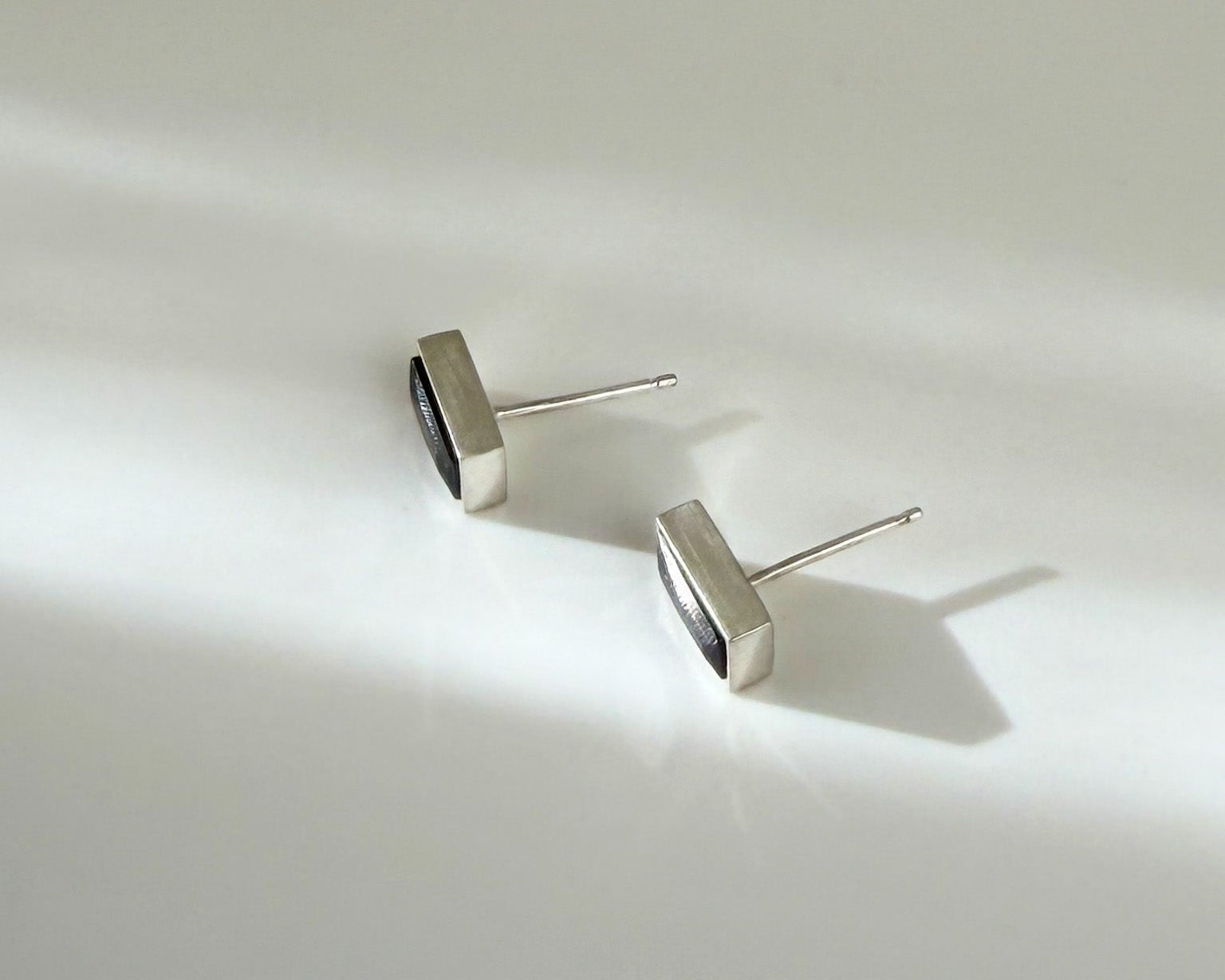 Spinel Post Earring in sterling silver with rectangular black spinel stone by Kefi