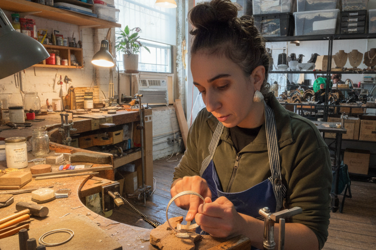 Stephanie Alman in her jewelry studio, designing and creating handcrafted Kefi Jewelry collections in New York City.