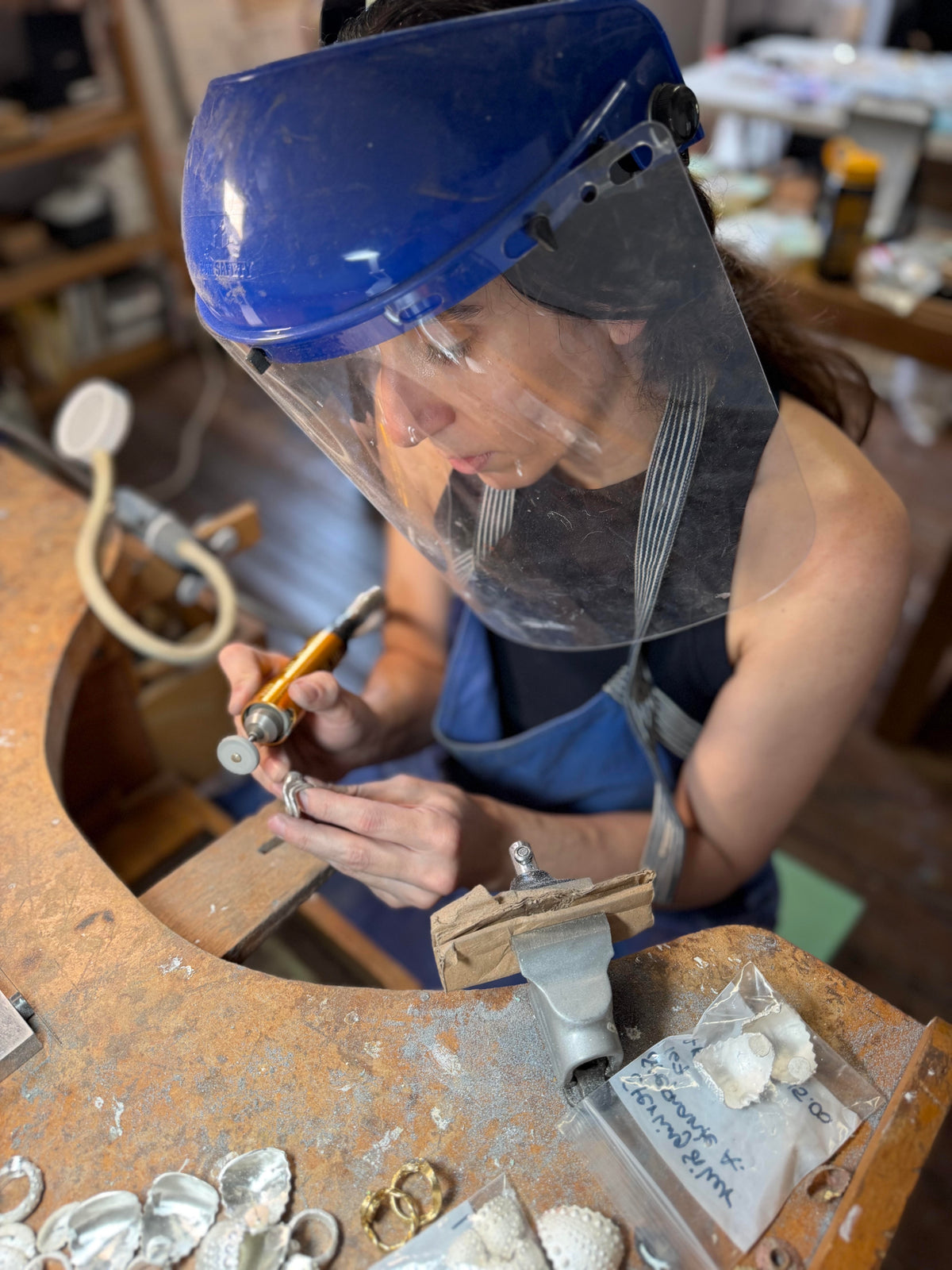 Stephanie Alman, founder and designer of Kefi, at her jewelry bench in New York City