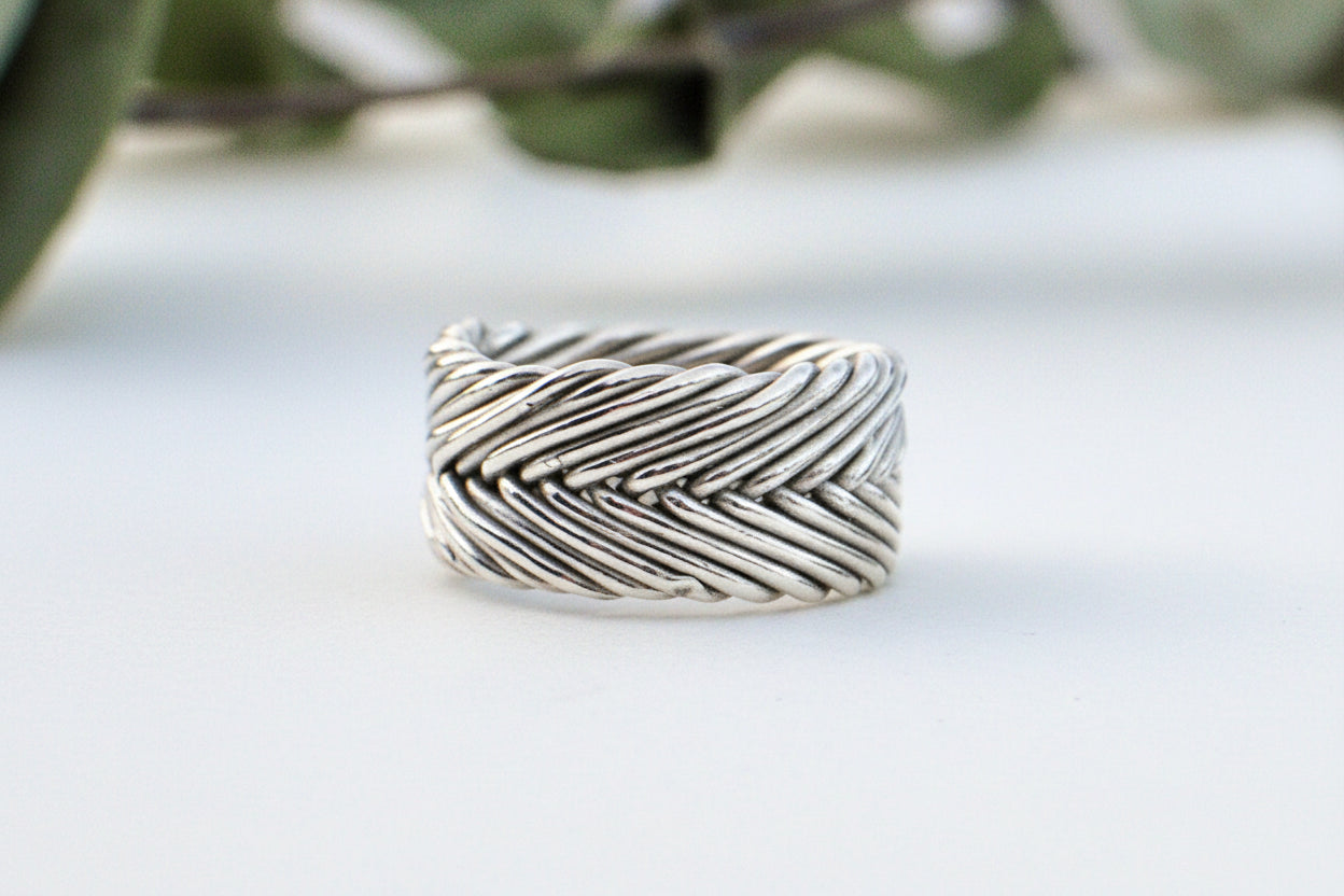 Woven Ring in sterling silver with handcrafted woven band detail