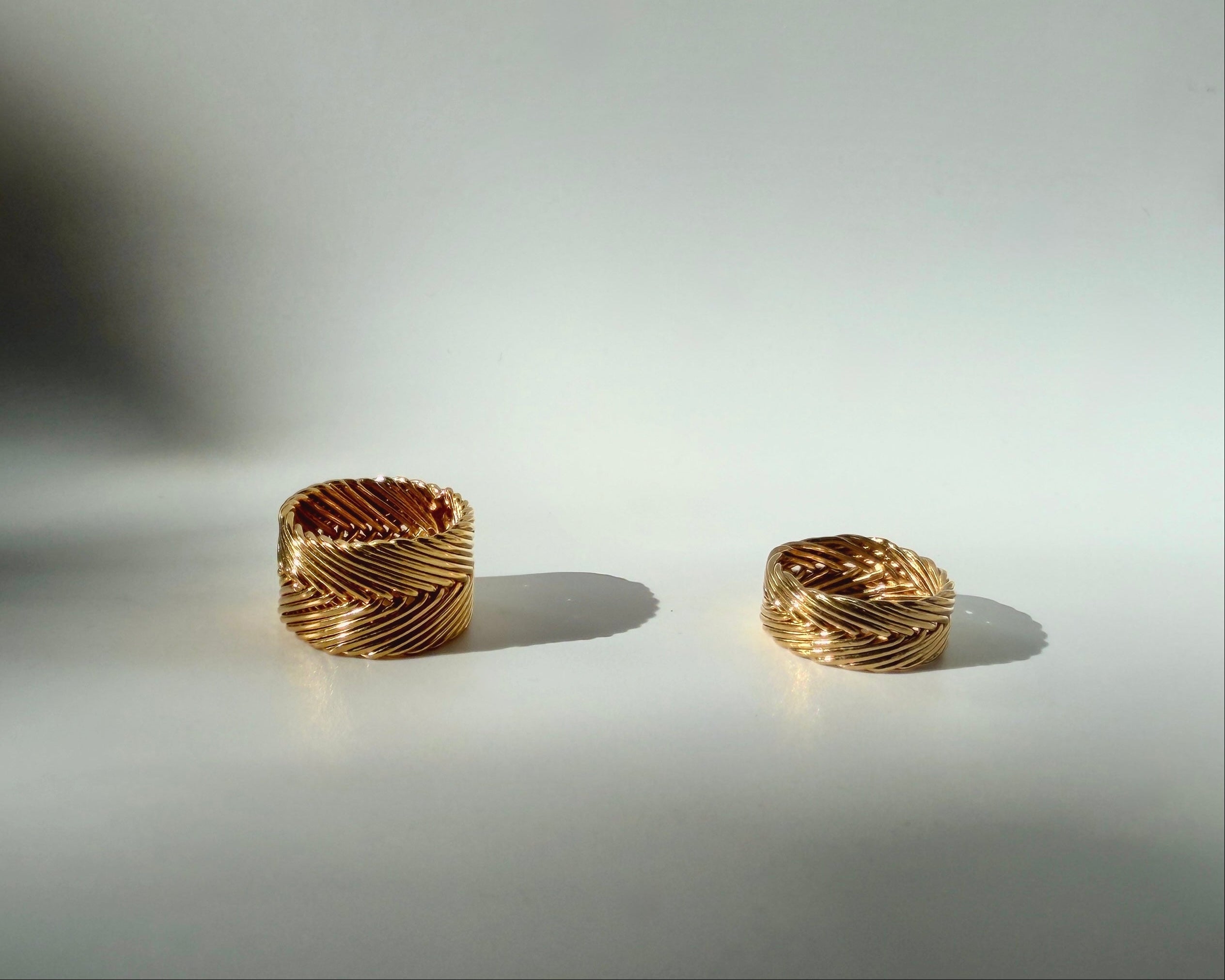 Woven Ring and Tall Woven Ring in gold vermeil with handwoven textured band design by Kefi