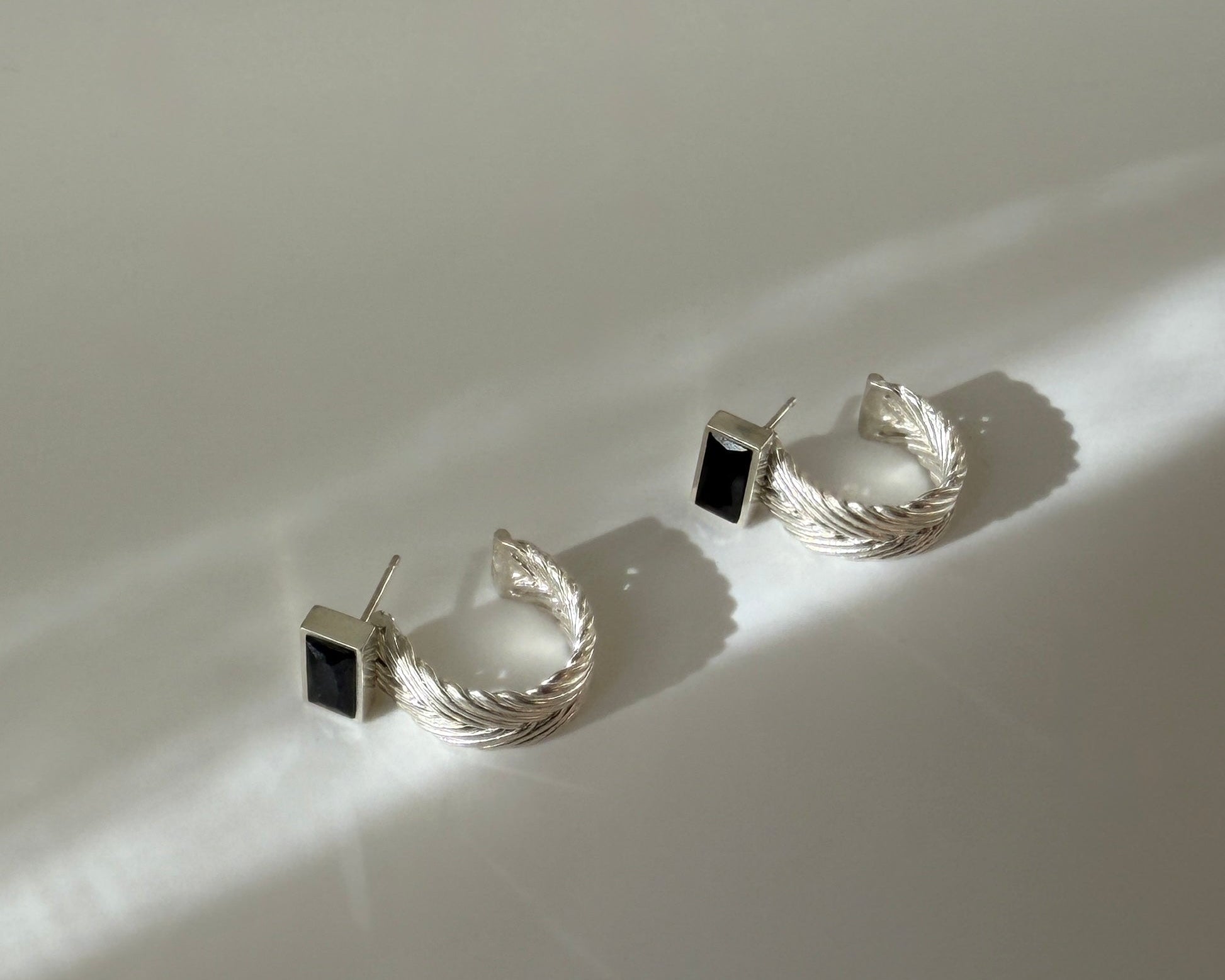 Bobbie Woven Hoop Jacket and Spinel Post Set in sterling silver with handwoven texture and black spinel studs by Kefi