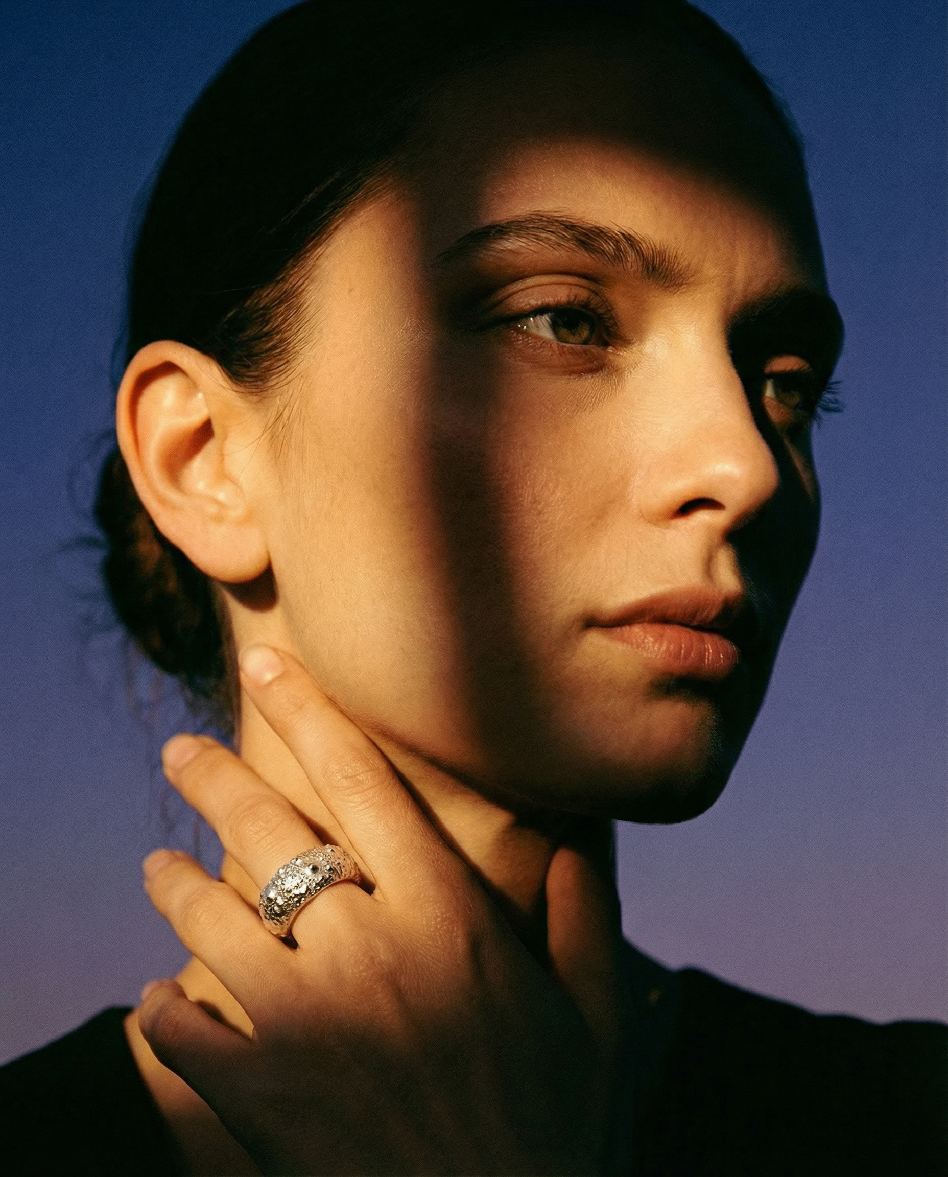 Model wearing the Galene Bold Urchin Ring in sterling silver, a sculptural statement ring inspired by the textures and forms of sea urchins.