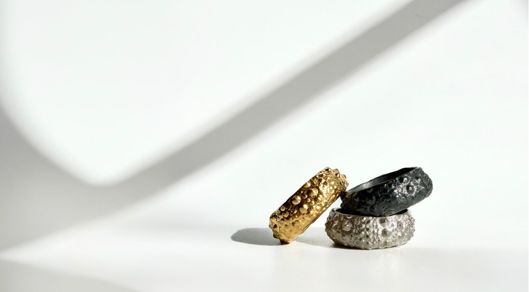 Galene Urchin Rings in gold vermeil, sterling silver, and oxidized sterling silver, featuring sculptural sea urchin-inspired textures and handcrafted coastal design.