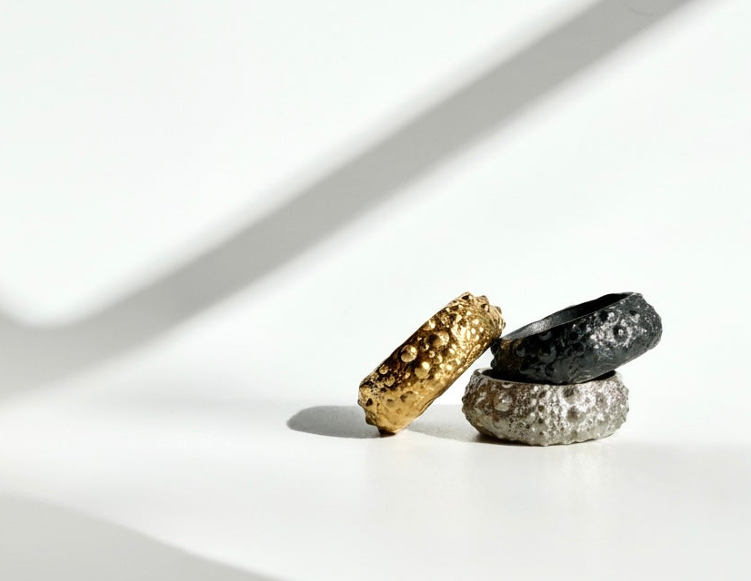 Galene Urchin Rings in gold vermeil, sterling silver, and oxidized sterling silver, featuring sculptural sea urchin-inspired textures and handcrafted coastal design.