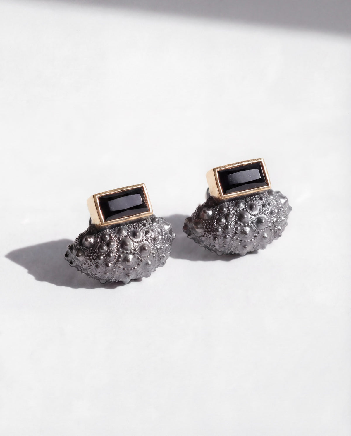 Ceto Urchin Earring Jacket in oxidized sterling silver with a gold vermeil black spinel post