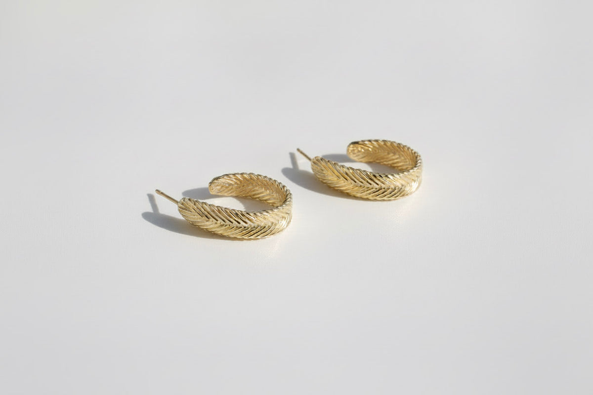 Harmonia Woven Hoop Earrings in gold vermeil with handwoven herringbone texture