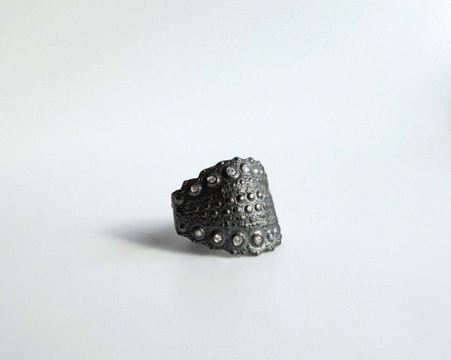 Urchin Cuff in sterling silver with diamonds, natural sea urchin texture and bold cuff form