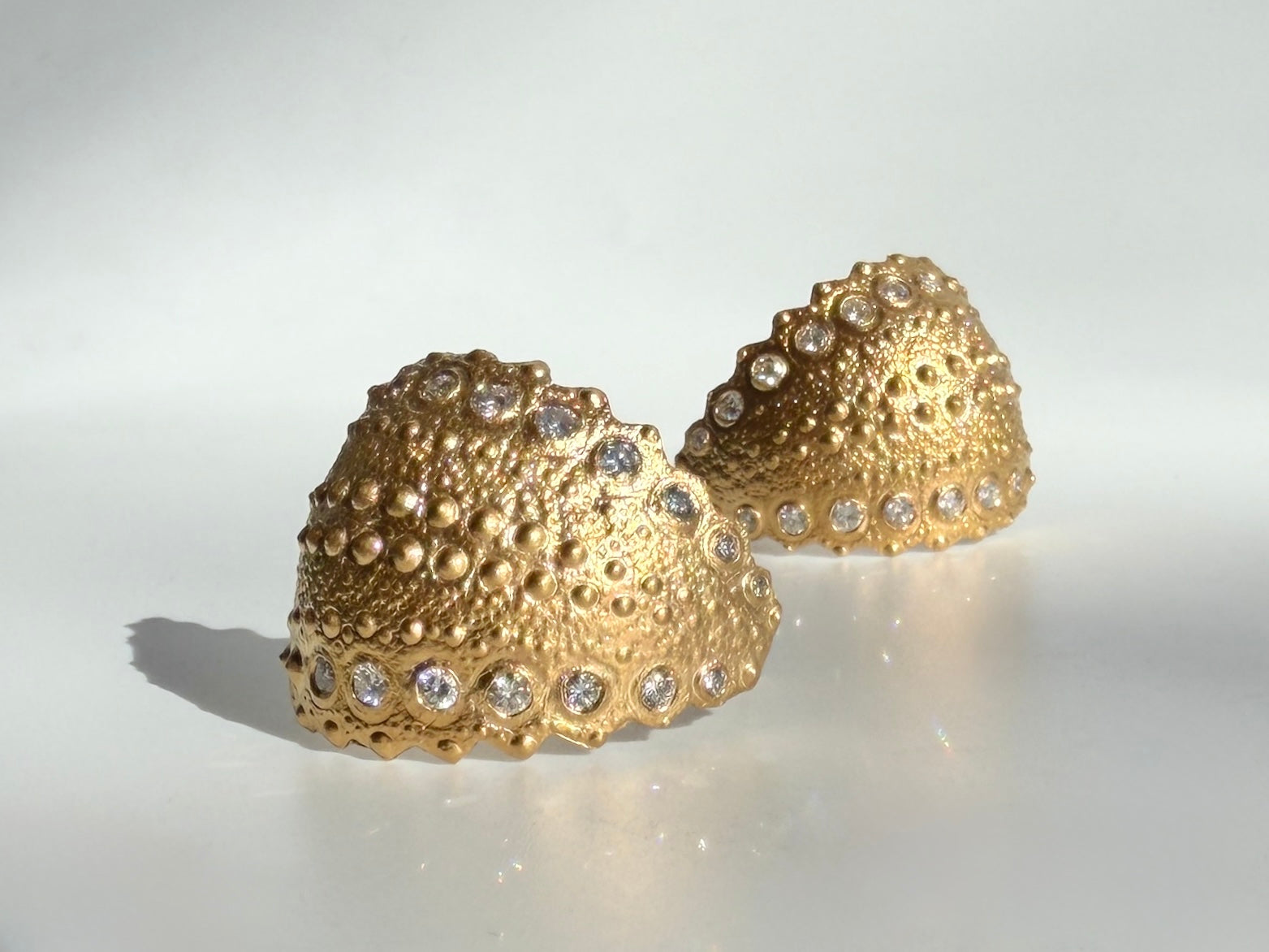Close-up of Urchin Hoop Earrings showing preserved sea urchin shell texture and intricate natural surface detail